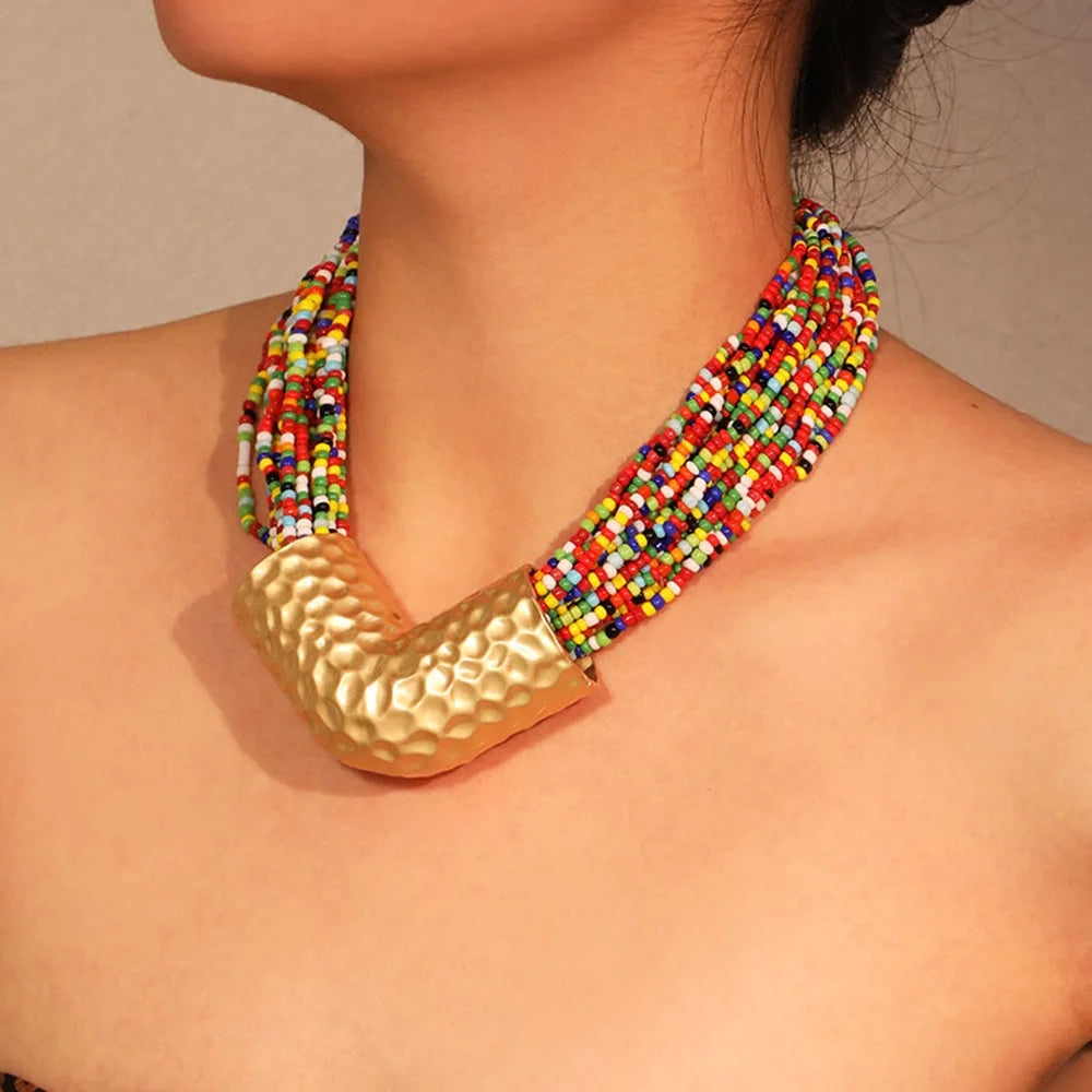 Colar Statement Boho Multicolorido Contas de Vidro | By Mireva