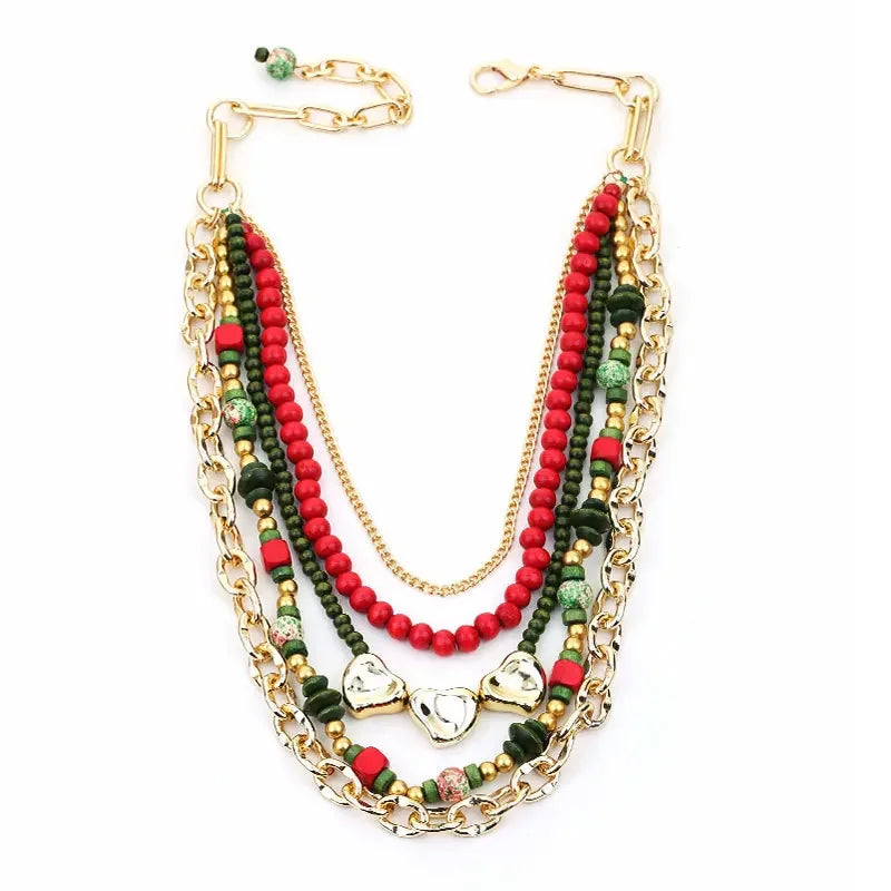 Colar Boho Natal Multicamadas Vermelho & Verde | By Mireva