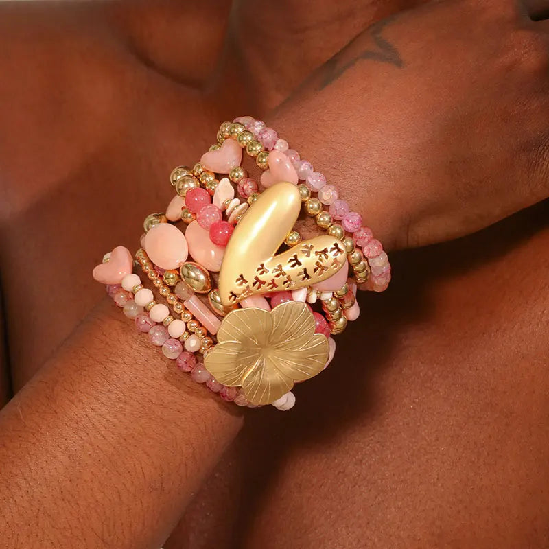 Conjunto de Pulseiras Artesanais com Flores e Borboletas