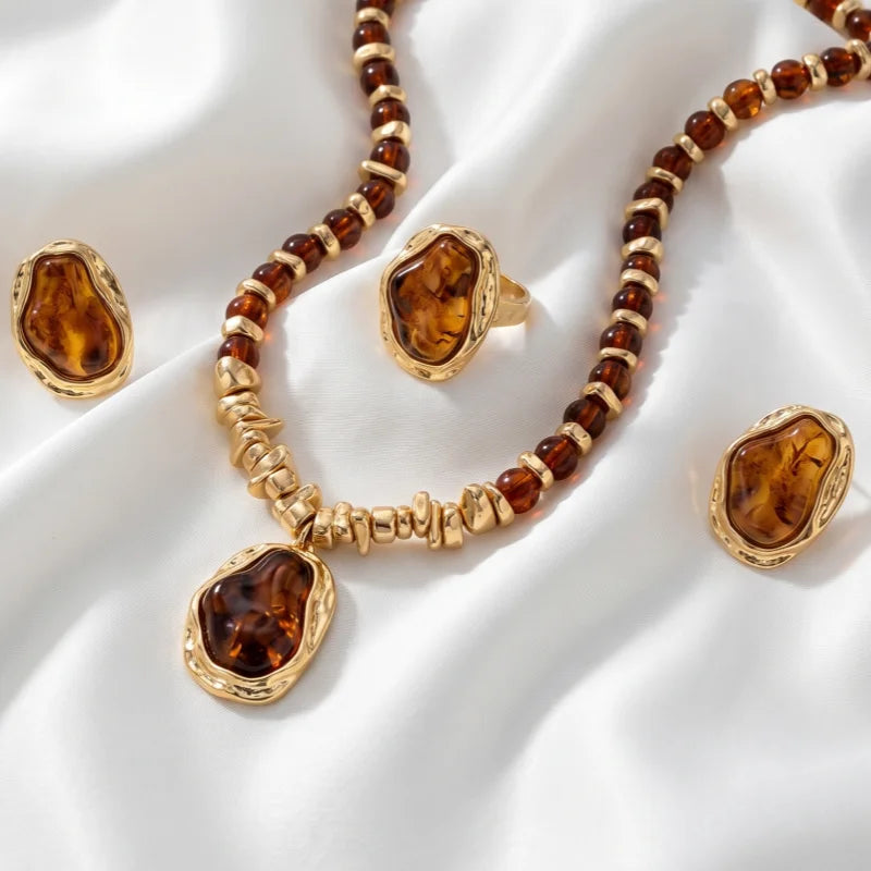 Conjunto de Joias Vintage Âmbar Dourado