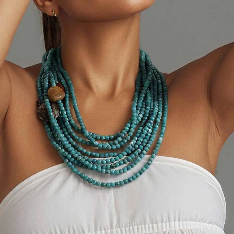 Colar Boho Multicamadas Turquesa & Pedras | By Mireva