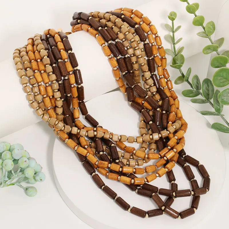 Colar Multicamadas Contas Madeira Tons Terra | By Mireva