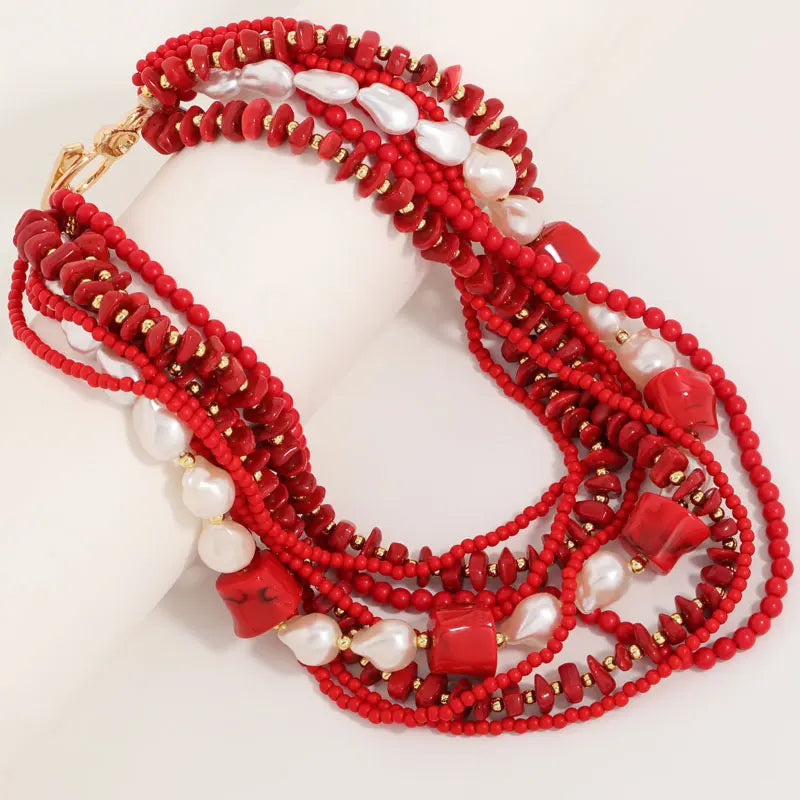 Colar Boho Pérolas & Coral Vermelho Multicamadas | By Mireva