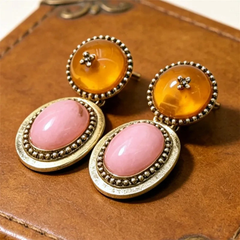 Brinco Maxi Dourado Rosa e Âmbar Vintage