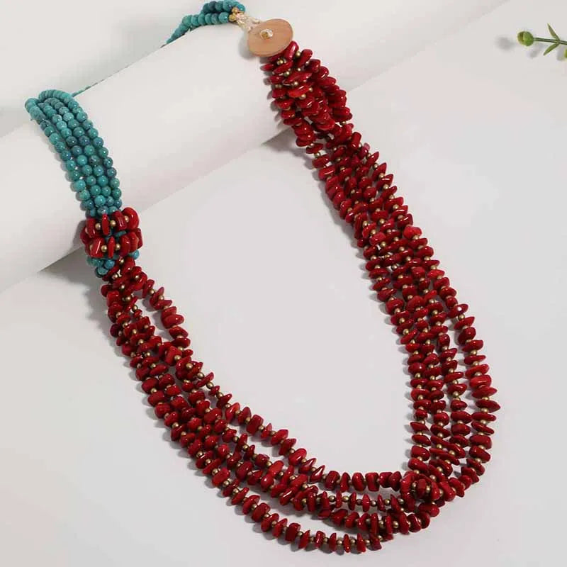 Colar Boho Turquesa e Vermelho em Camadas