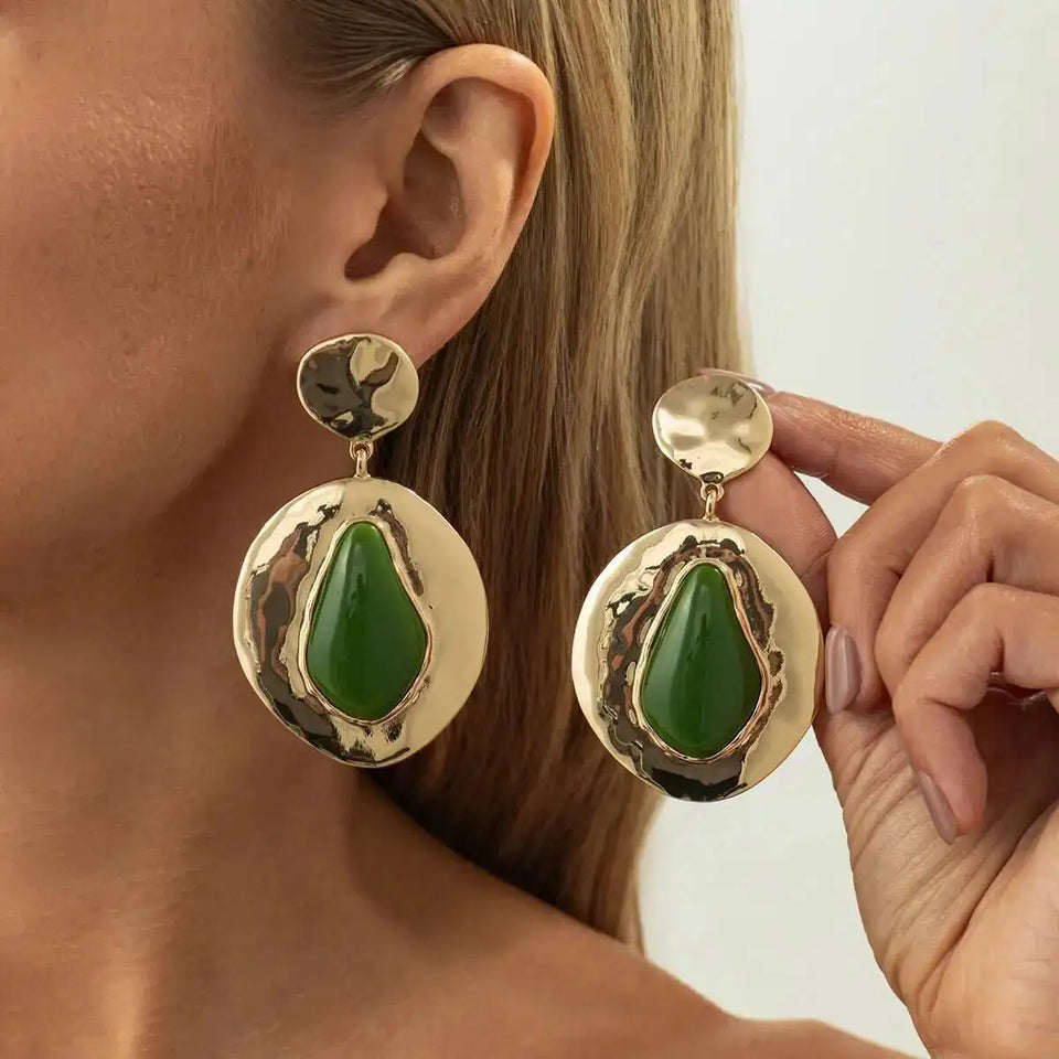 Brincos Vintage Oval Verde Acrílico Texturizado Dourado | By Mireva