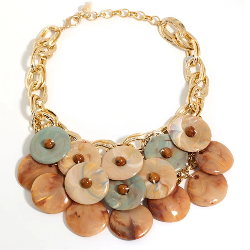 Colar Boho Corrente Dourada & Discos Marmorizados | By Mireva