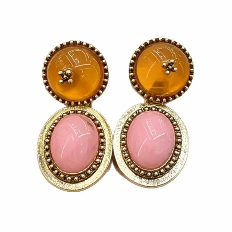 Brinco Maxi Dourado Rosa e Âmbar Vintage