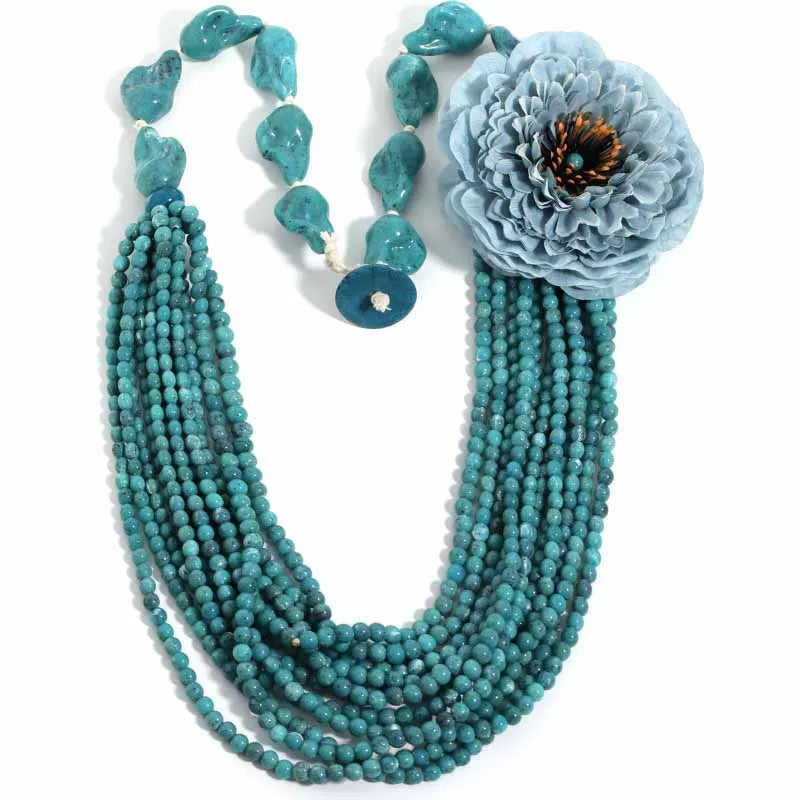 Colar Boho Longo Turquesa & Flor Azul | By Mireva
