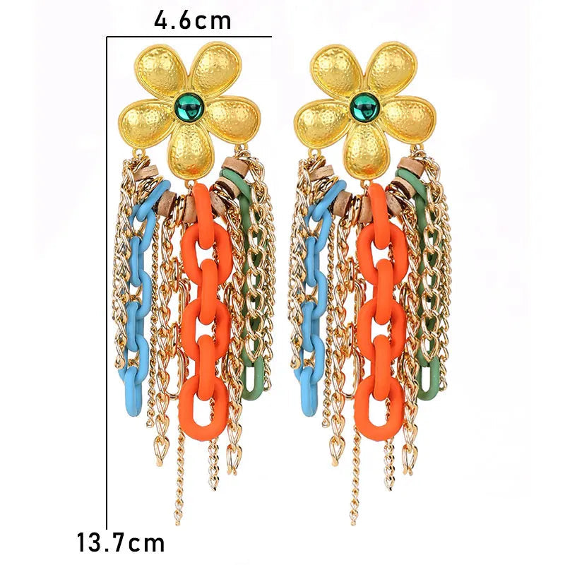 Brincos Longos com Corrente Colorida e Flores Feitos à Mão