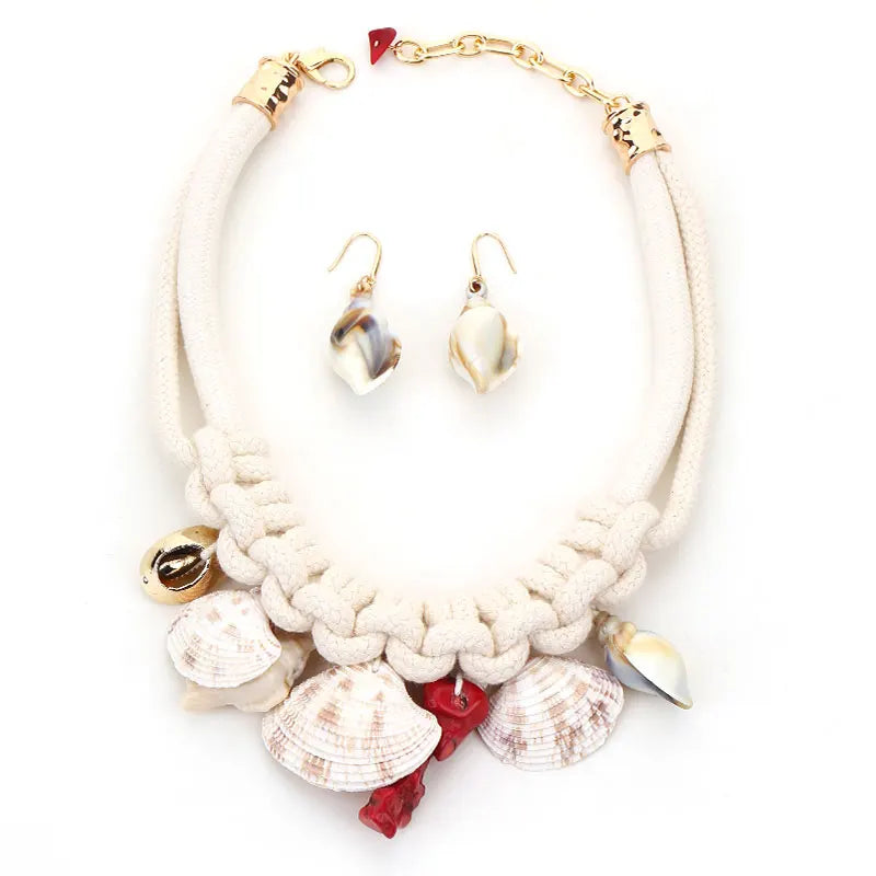 Colar Praiano Corda Off-White & Conchas com Brincos | By Mireva