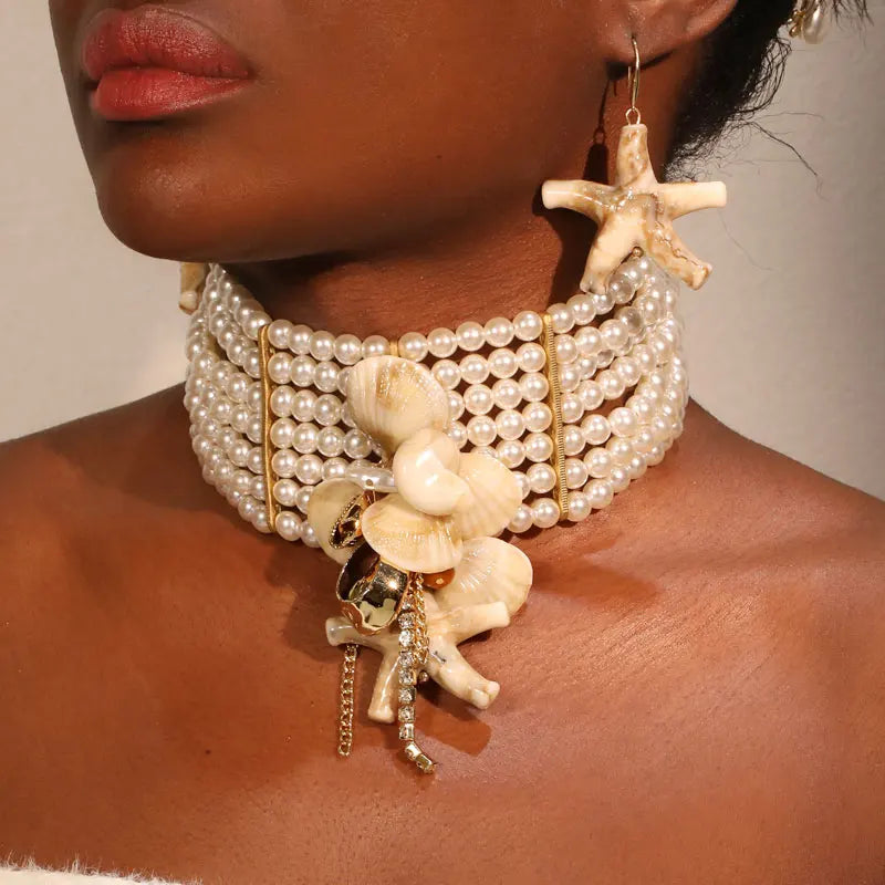 Conjunto Choker Pérolas com Conchas &amp; Estrela-do-Mar – Colar e Brincos Vintage para Festa e Verão