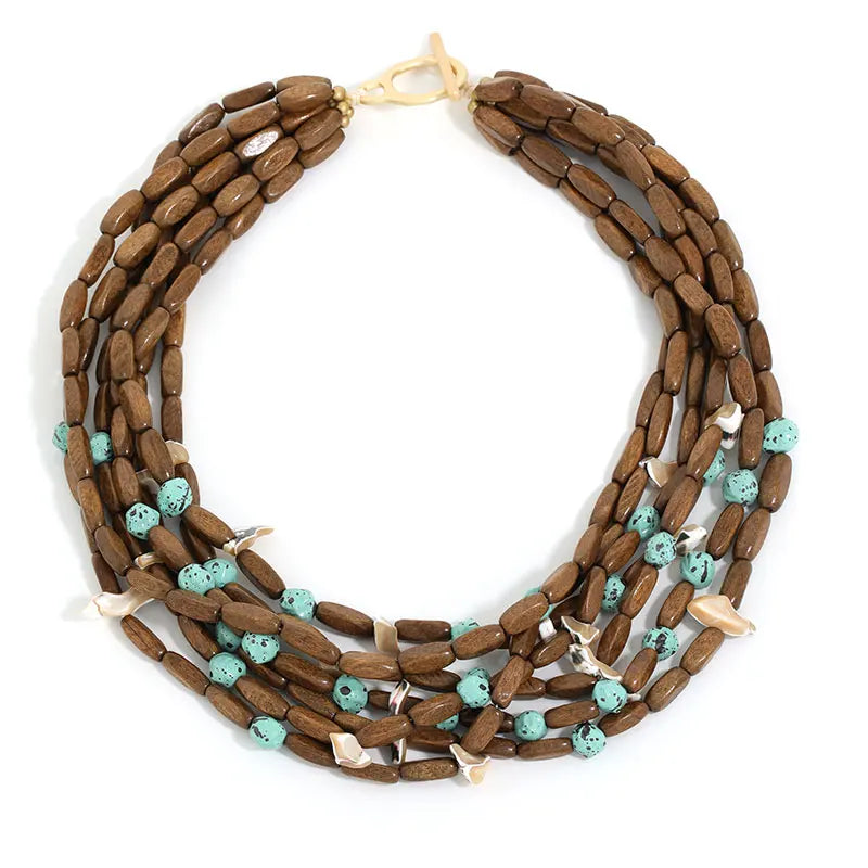 Colar Boho Multicamadas Madeira & Turquesa | By Mireva