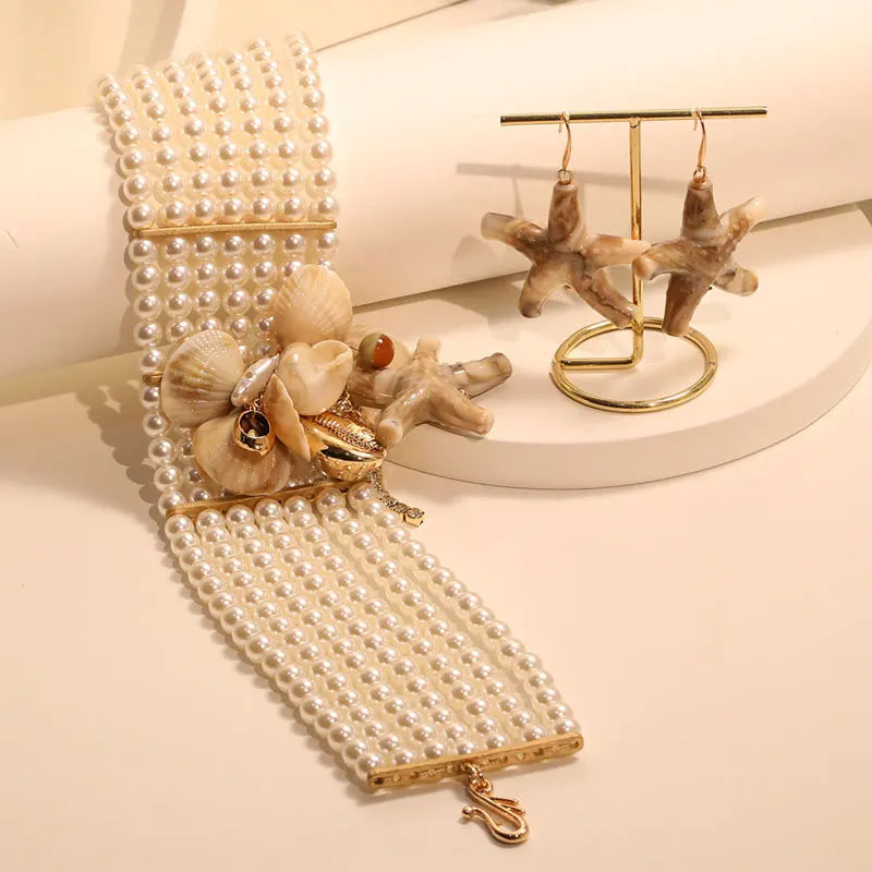 Conjunto Choker Pérolas com Conchas &amp; Estrela-do-Mar – Colar e Brincos Vintage para Festa e Verão