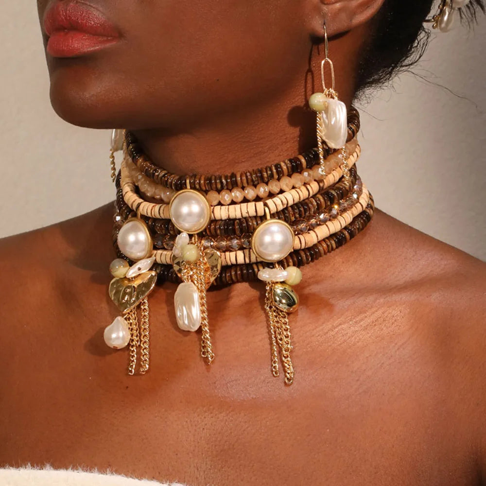 Colar & Brincos Choker Pérolas Corações & Correntes | By Mireva