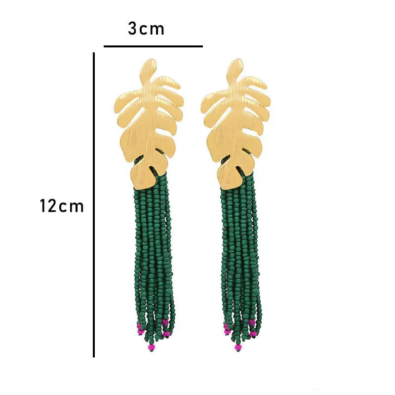 Brincos Longos com Pingentes de Folha e Franjas