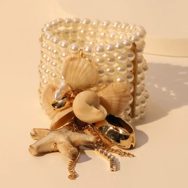 Conjunto de Pulseira de Pérolas com Estrelas-do-Mar e Conchas
