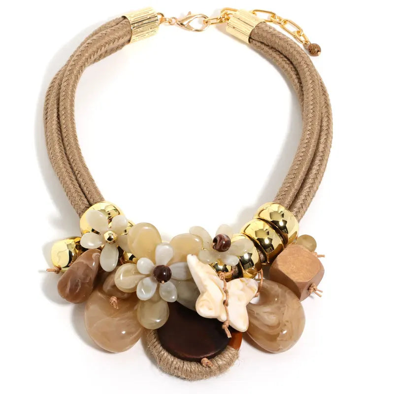 Colar Statement Flores & Borboleta Tons de Café | By Mireva