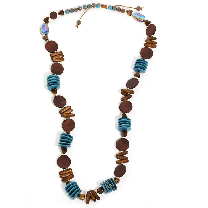 Colar Boho Longo Madeira & Turquesa | By Mireva