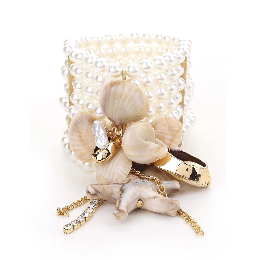 Conjunto de Pulseira de Pérolas com Estrelas-do-Mar e Conchas