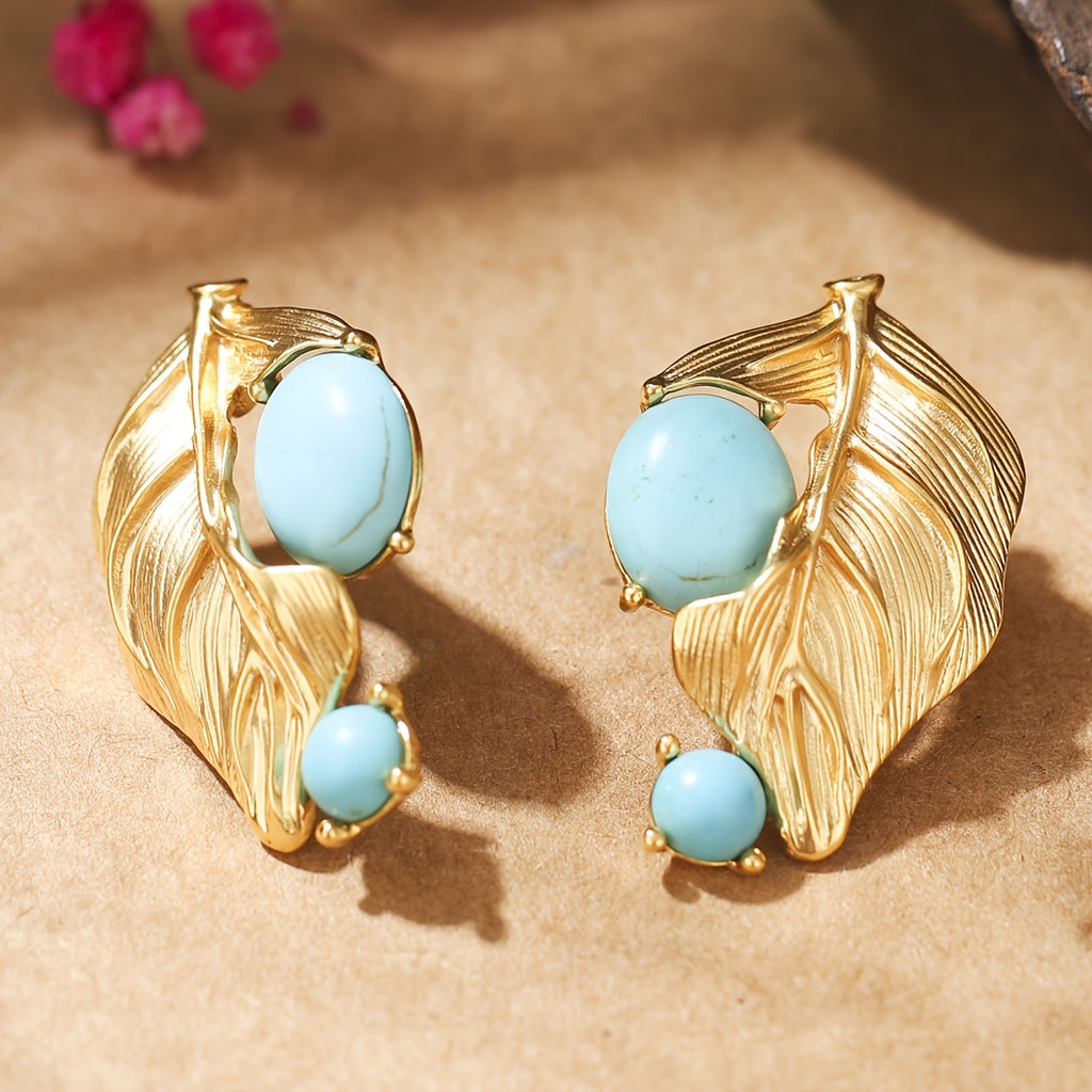 Brinco Vintage Folha com Turquesa Dourado | By Mireva