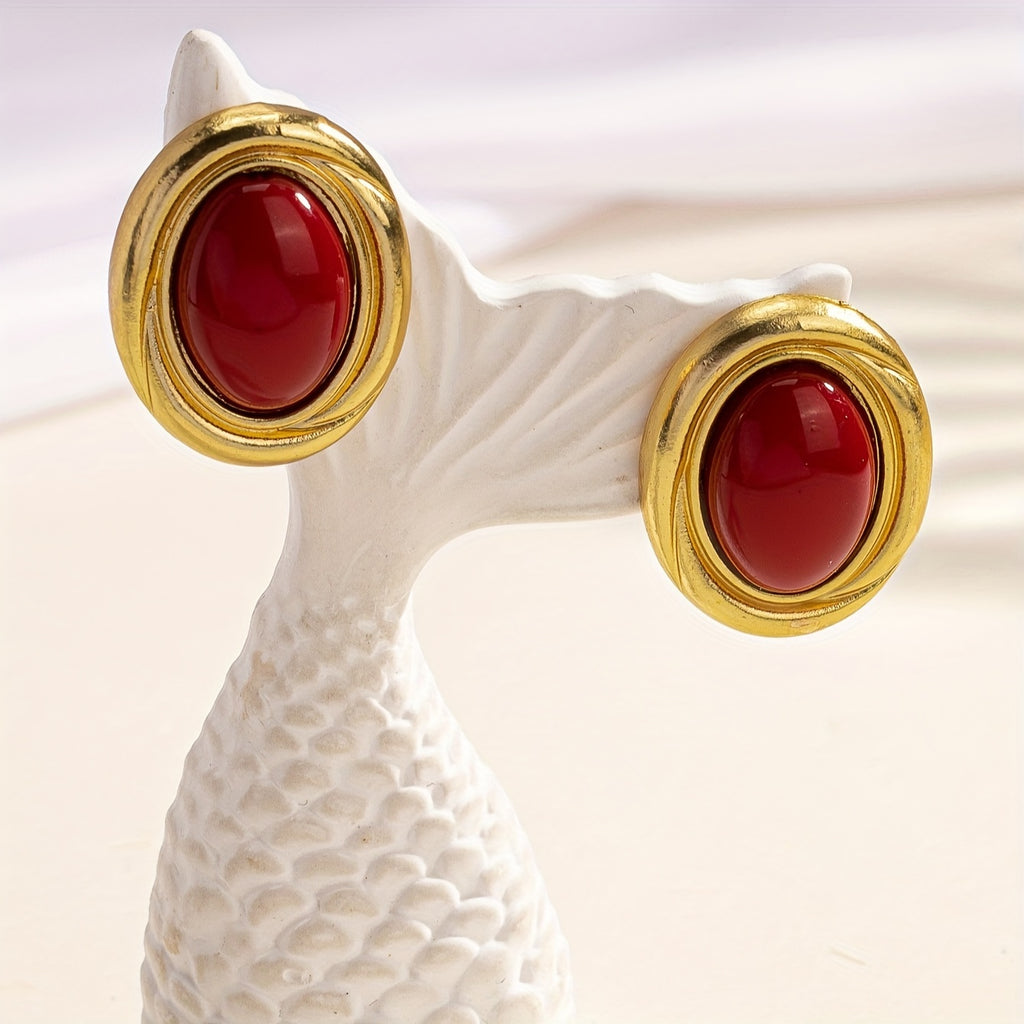 Par de Brincos Nicho Franceses Vintage Vermelho Oval Elegantes | By Mireva