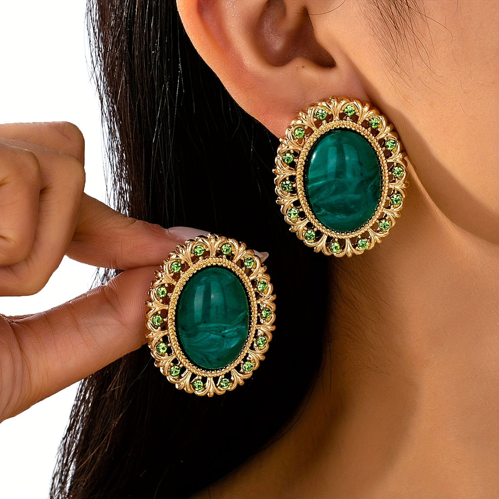 Brinco Chunky Verde Esmeralda Oval Dourado | By Mireva