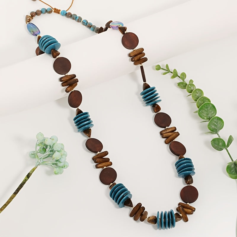 Colar Boho Longo Madeira & Resina Azul Marrom | By Mireva