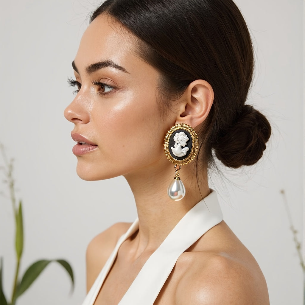 Par de Brincos Vintage Cameo Pérola Sereia Real | By Mireva