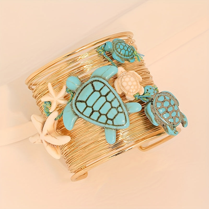 Pulseira Boho Praia Tartaruga Turquesa Estrela-do-Mar Dourada | By Mireva