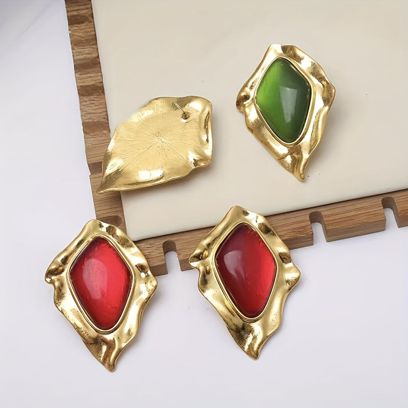 Par de Brincos Franceses Vintage Diamante Vermelho Chunky Dourado | By Mireva