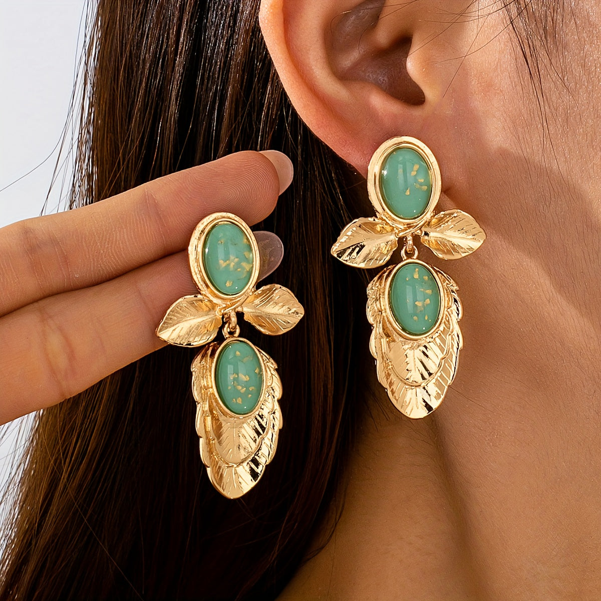 Par de Brincos Vintage Folhas Turquesa Dourada | By Mireva