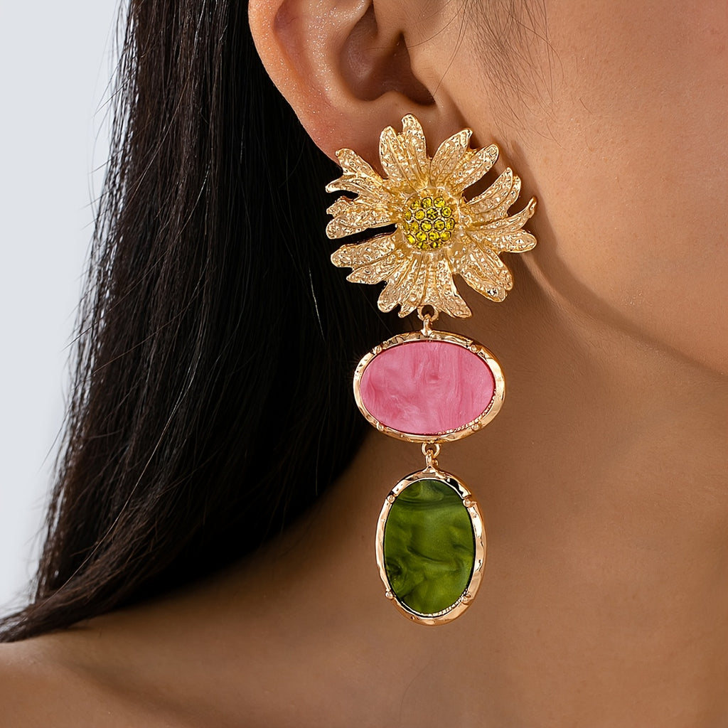 Par de Brincos Verão Luxo Flor Rosa & Verde Dourado | By Mireva