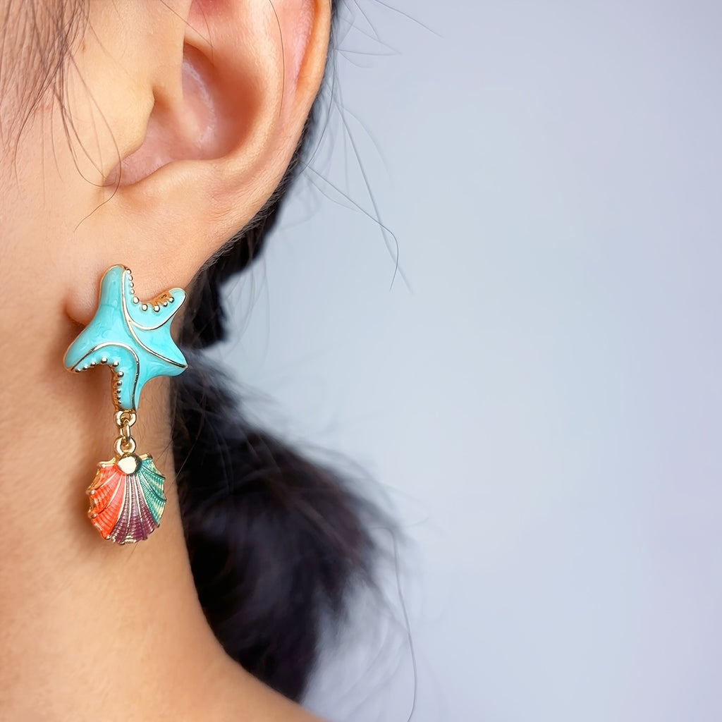 Brinco Praiano Estrela-do-Mar Turquesa & Concha Arco-Íris | By Mireva