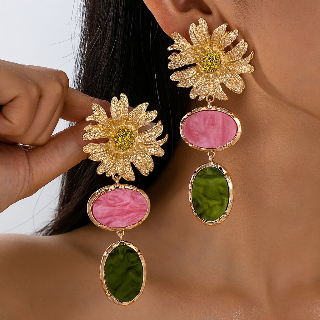 Par de Brincos Verão Luxo Flor Rosa & Verde Dourado | By Mireva