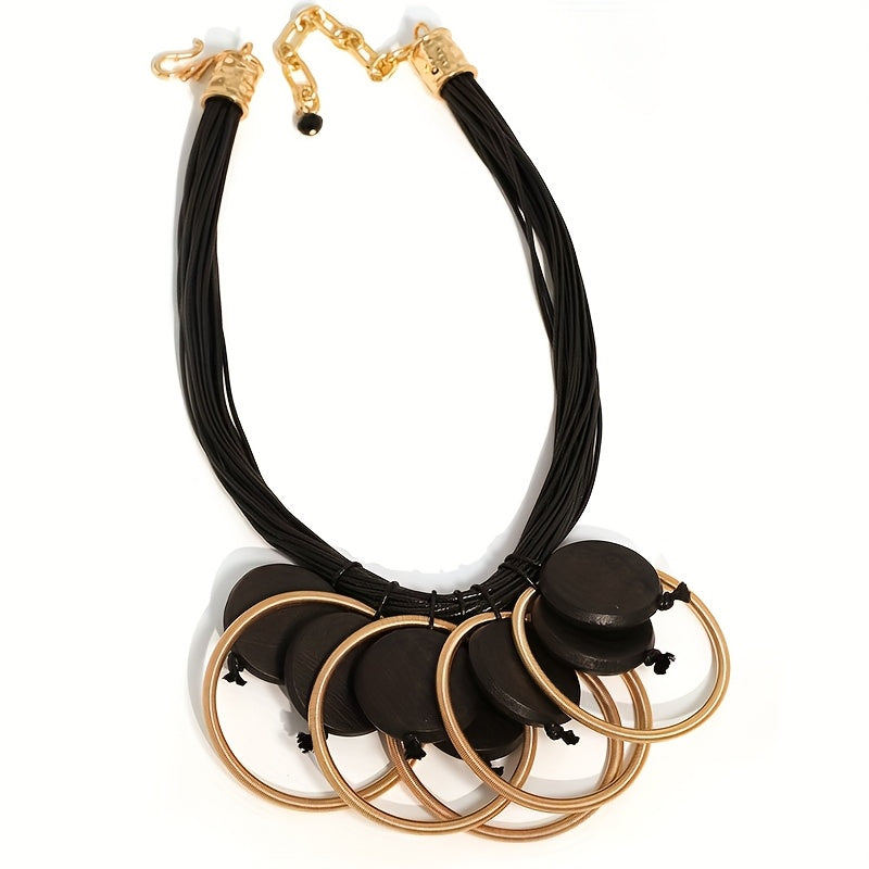 Colar Boho Multicamadas Corda Preta Anéis Madeira Dourados | By Mireva