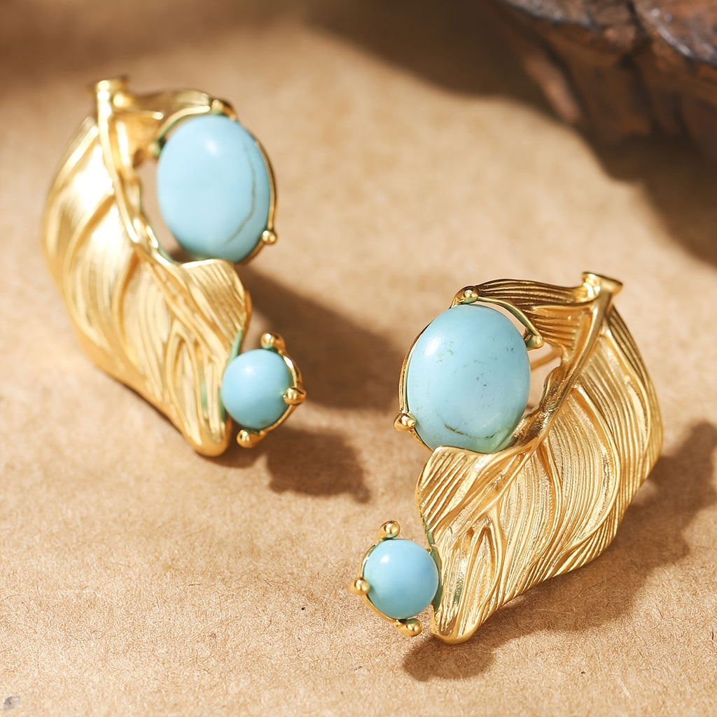 Brinco Vintage Folha com Turquesa Dourado | By Mireva