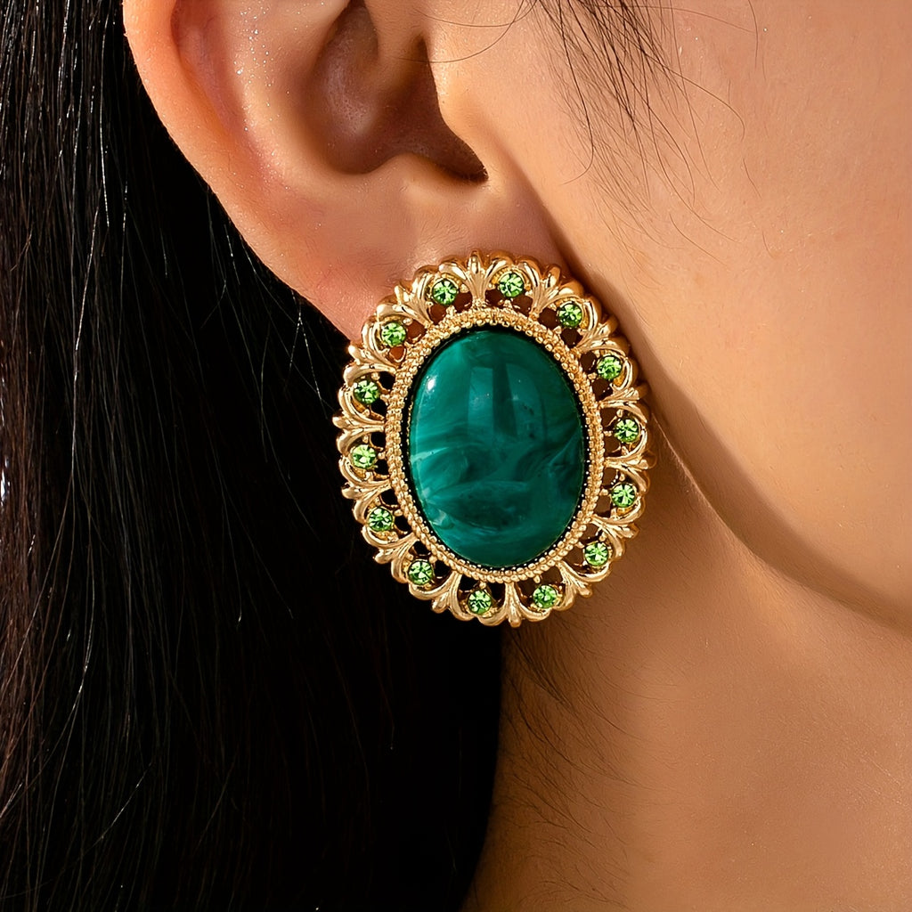 Brinco Chunky Verde Esmeralda Oval Dourado | By Mireva