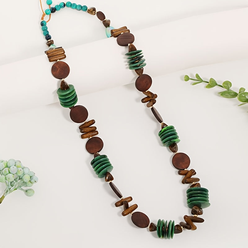 Colar Boho Longo Madeira & Resina Azul Marrom | By Mireva