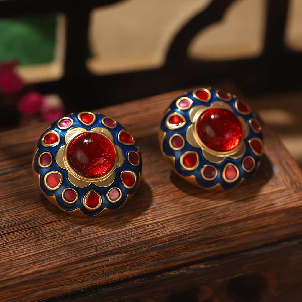 Brincos Vintage Floral Redondo Azul & Vermelho com Banho Ouro | By Mireva