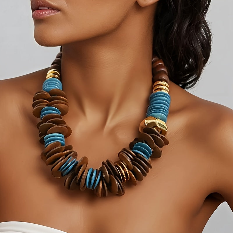 Colar Boho de Contas de Madeira Grossas