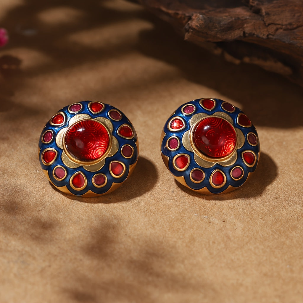 Brincos Vintage Floral Redondo Azul & Vermelho com Banho Ouro | By Mireva