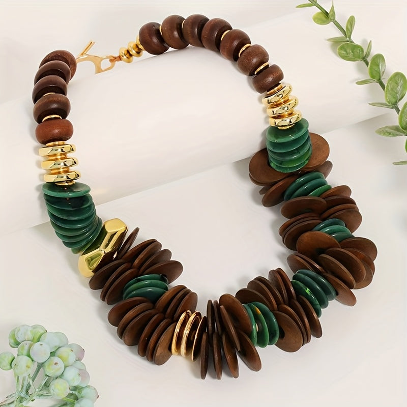 Colar Boho de Contas de Madeira Grossas