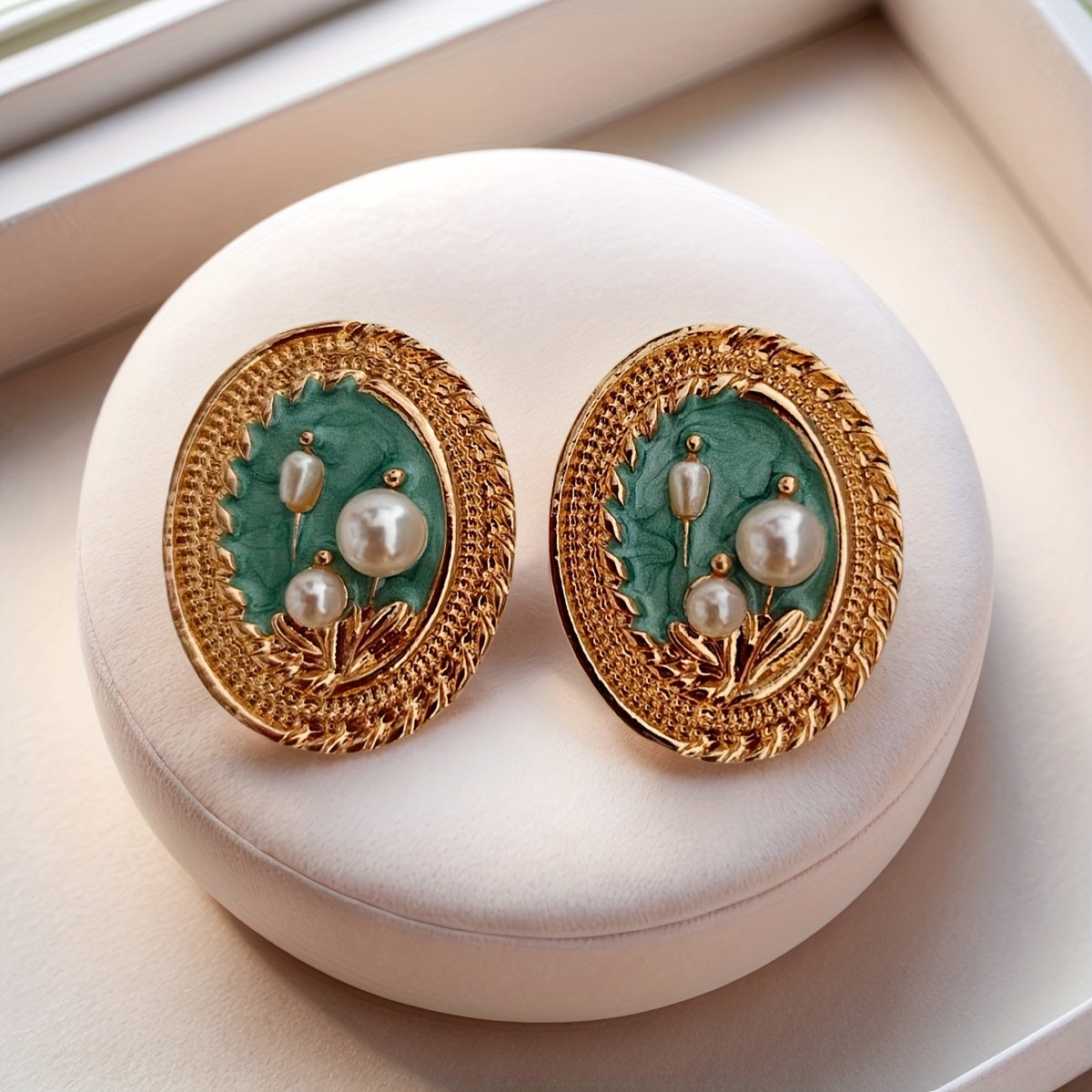 Par de Brincos Vintage Francês Oval Pérolas Esmalte Verde | By Mireva