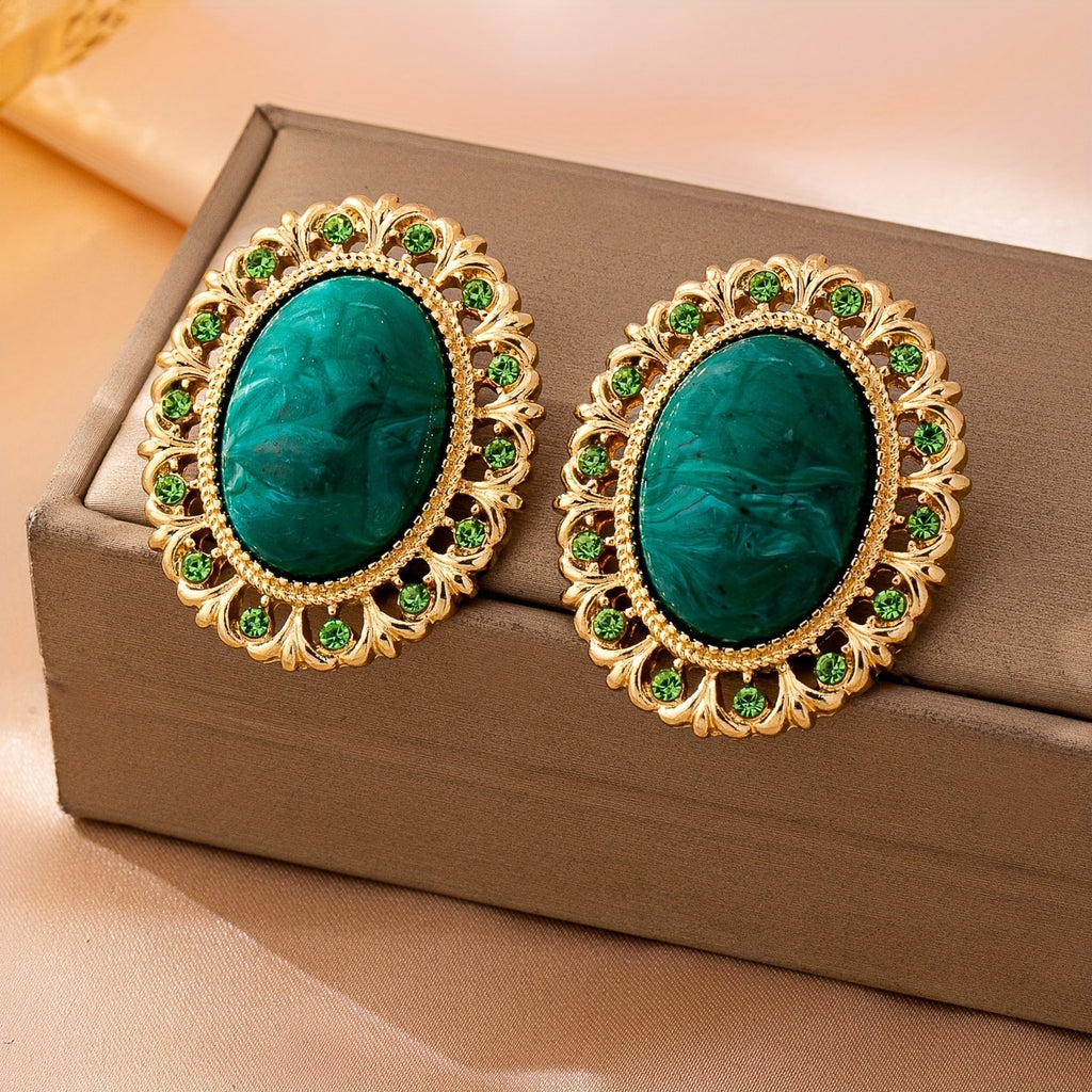 Brinco Chunky Verde Esmeralda Oval Dourado | By Mireva