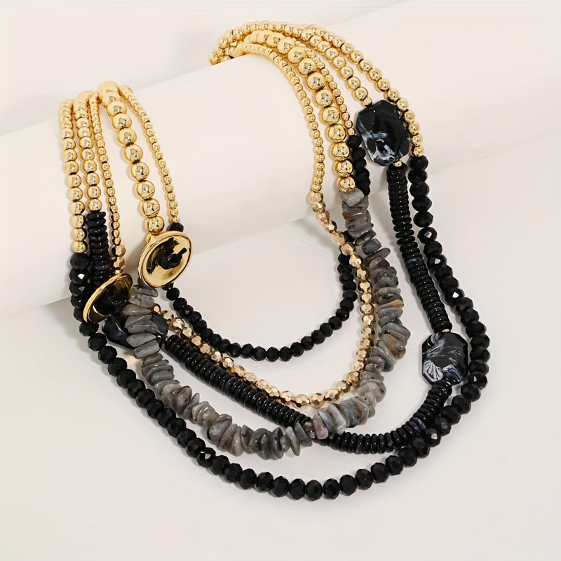 Colar Boho Multicamadas Contas Pretas Cristal Jade | By Mireva